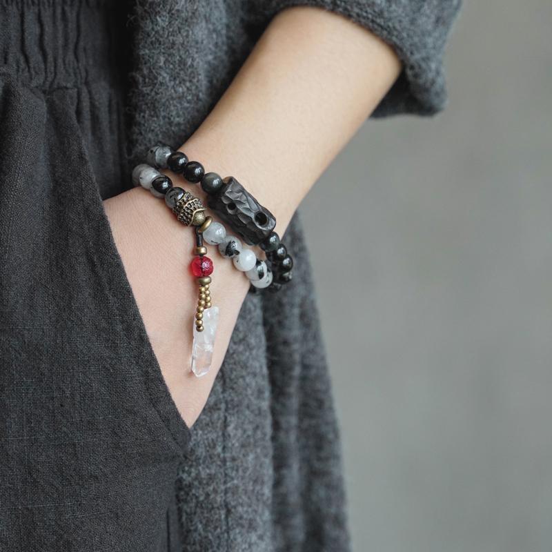 Ethnic Style Black Hair Crystal Bracelet Men's White Crystal Tassel