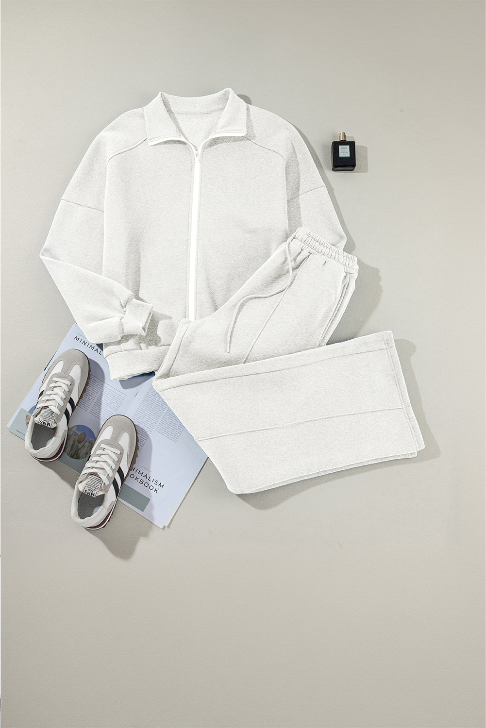 Light Grey Drop Shoulder Zip Up Jacket Drawstring Pants Active 2pcs Set