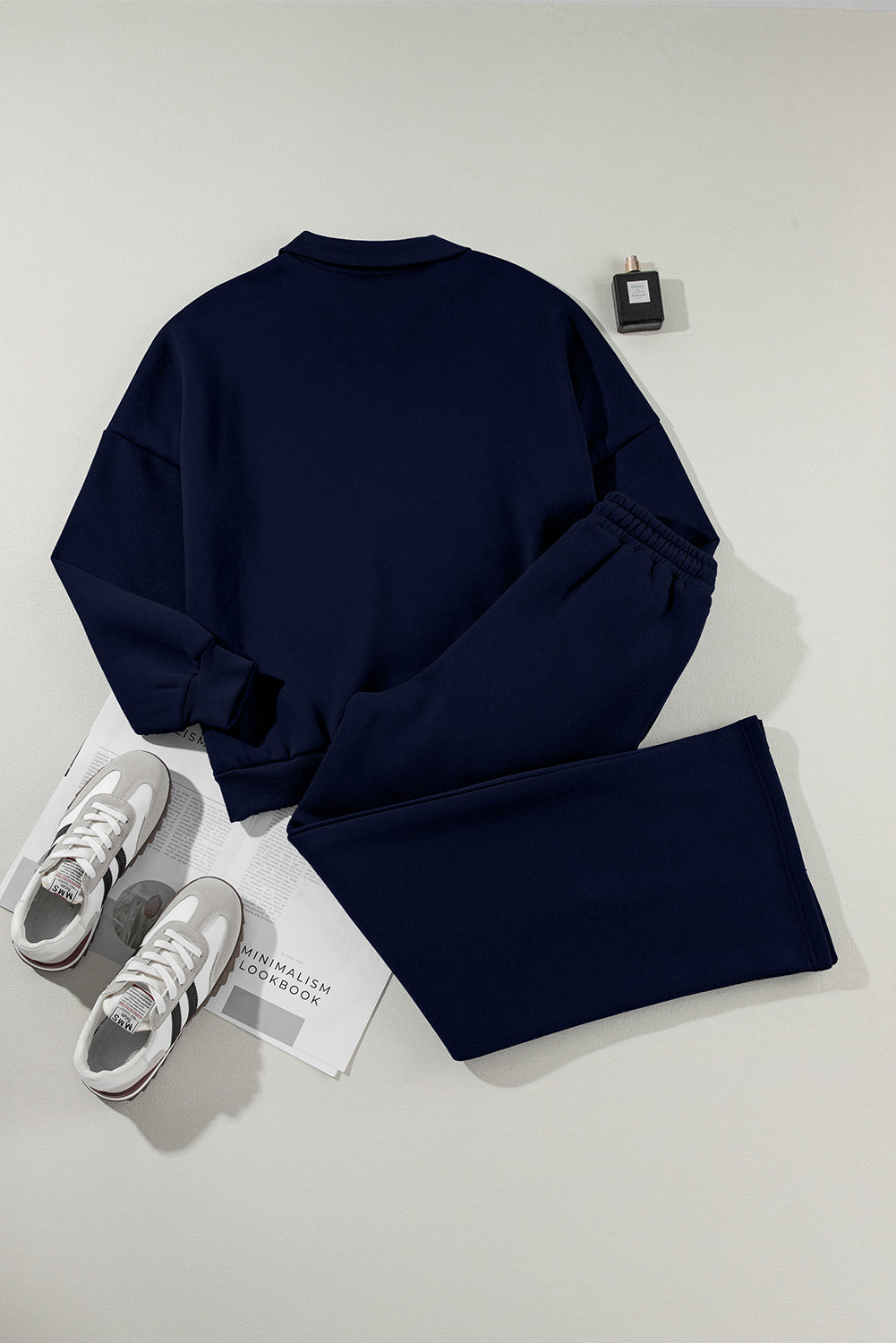 Navy Blue Drop Shoulder Zip Up Jacket Drawstring Pants Active 2pcs Set