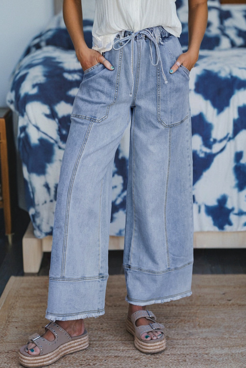 Beau Blue Drawstring Seam Detail Raw Hem Wide Leg Denim Pants