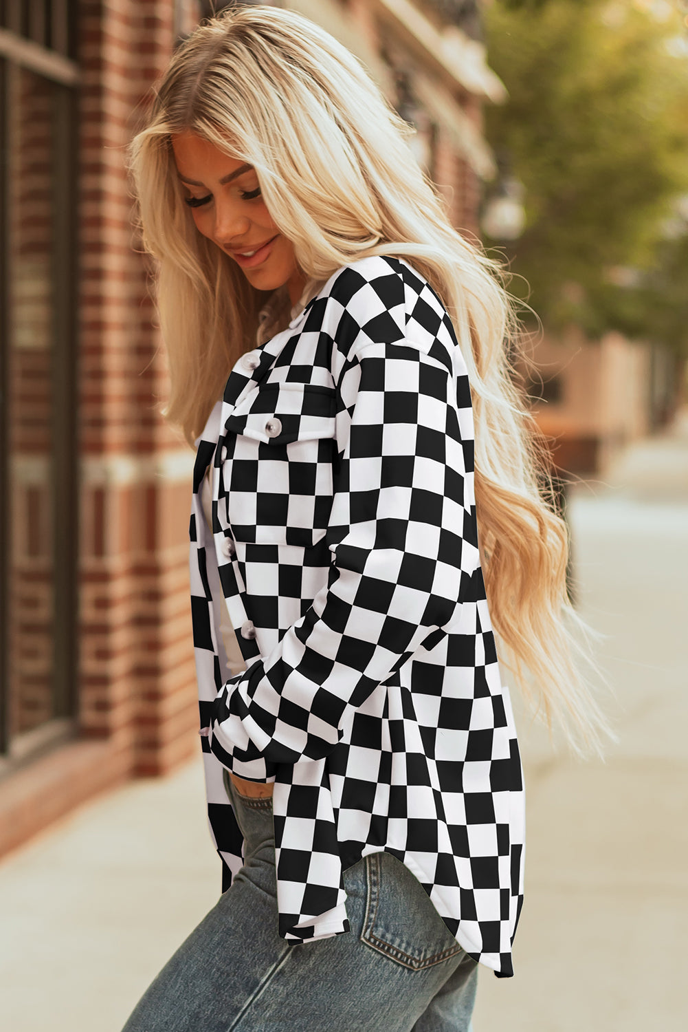 Black Checkerboard Flap Pocket Button Front Shacket