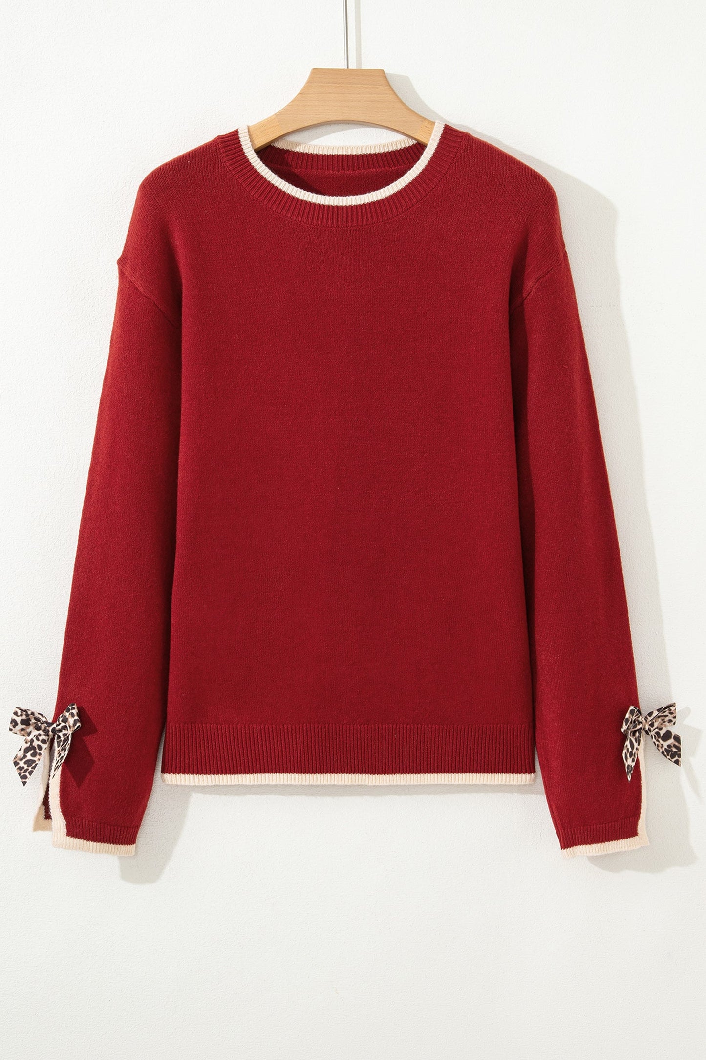 Racing Red Leopard Bow Decor Split Cuff Contrast Trim Sweater