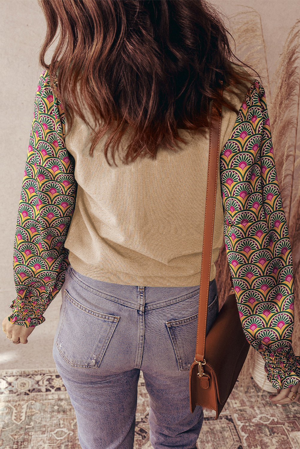 Apricot Floral Patchwork Shirred Cuff Puff Sleeve Sweater