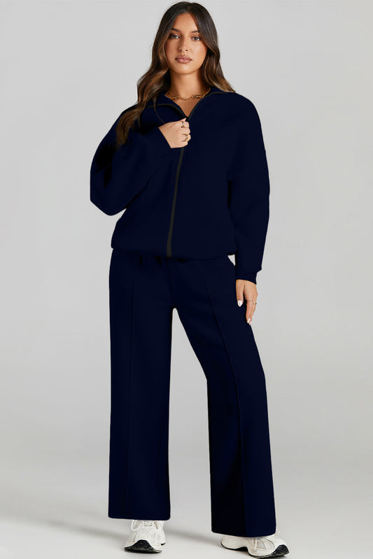 Navy Blue Drop Shoulder Zip Up Jacket Drawstring Pants Active 2pcs Set