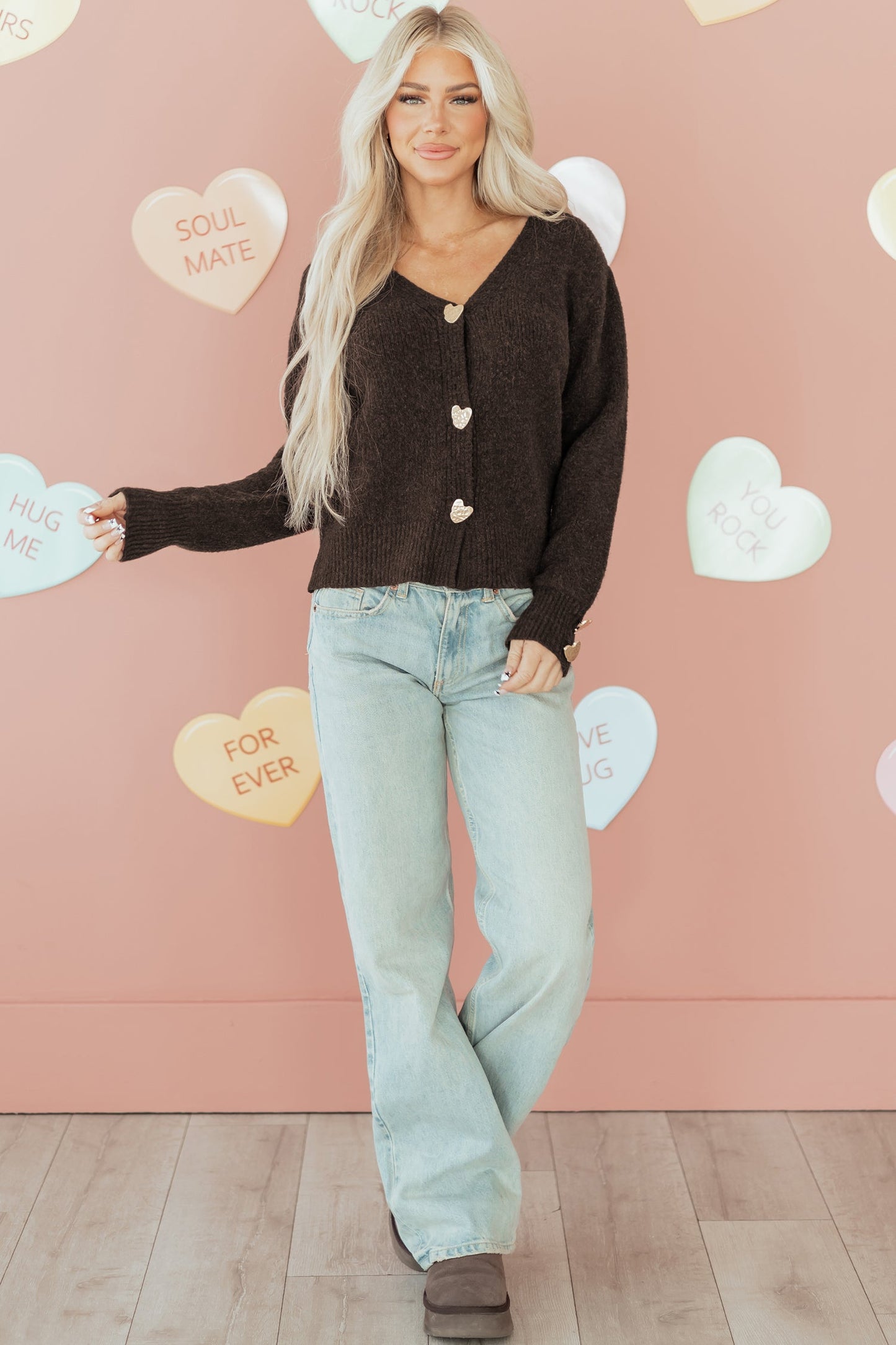 Chicory Coffee Heart Metal Button V Neck Cardigan Sweater