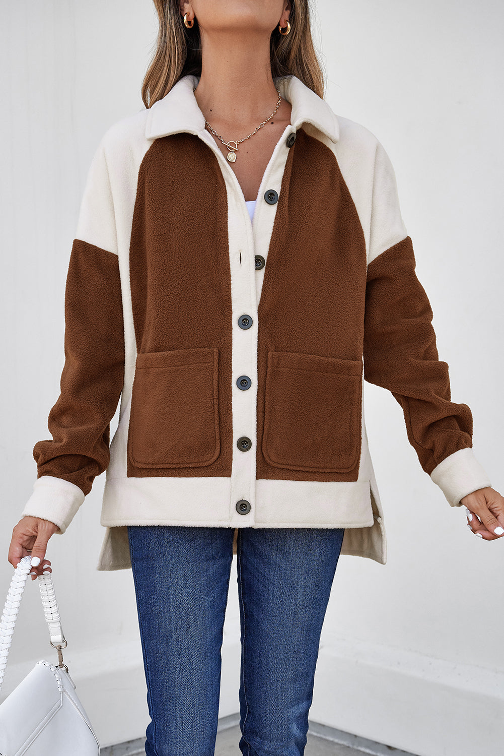 Brown Color Block Patchwork Button Down Fleece Shacket